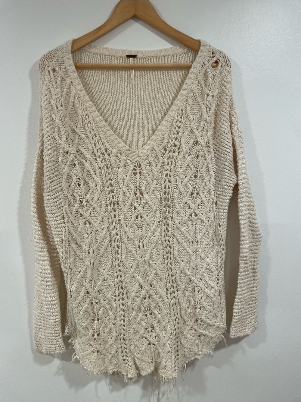 Free People Cream Open-Knit V-Neck Sweater